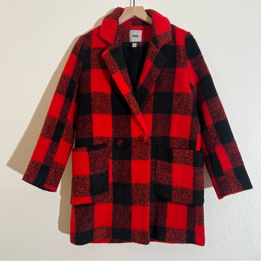 ASOS Buffalo Plaid Fleece-Lined Coat - Red and Black, Size 6 US